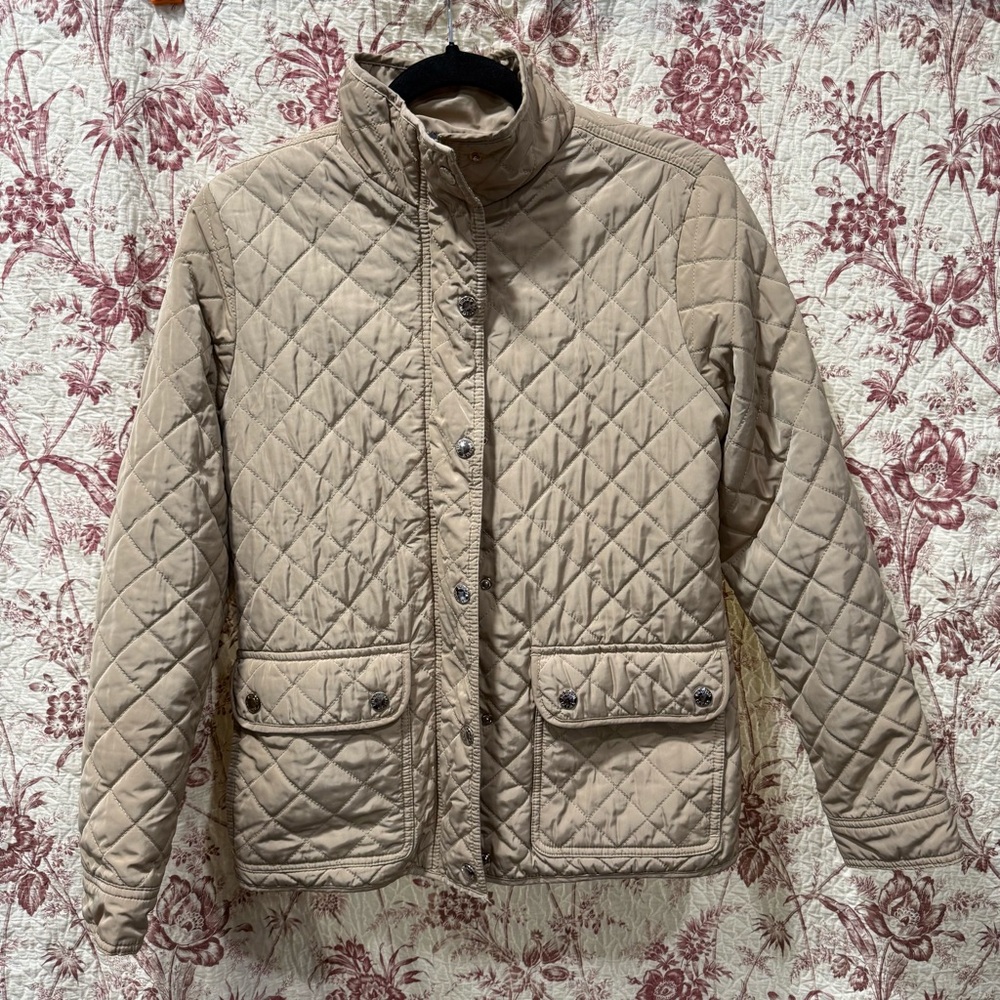 British Khaki Quilted Jacket – Women’s Small – Beige with Plaid Lining